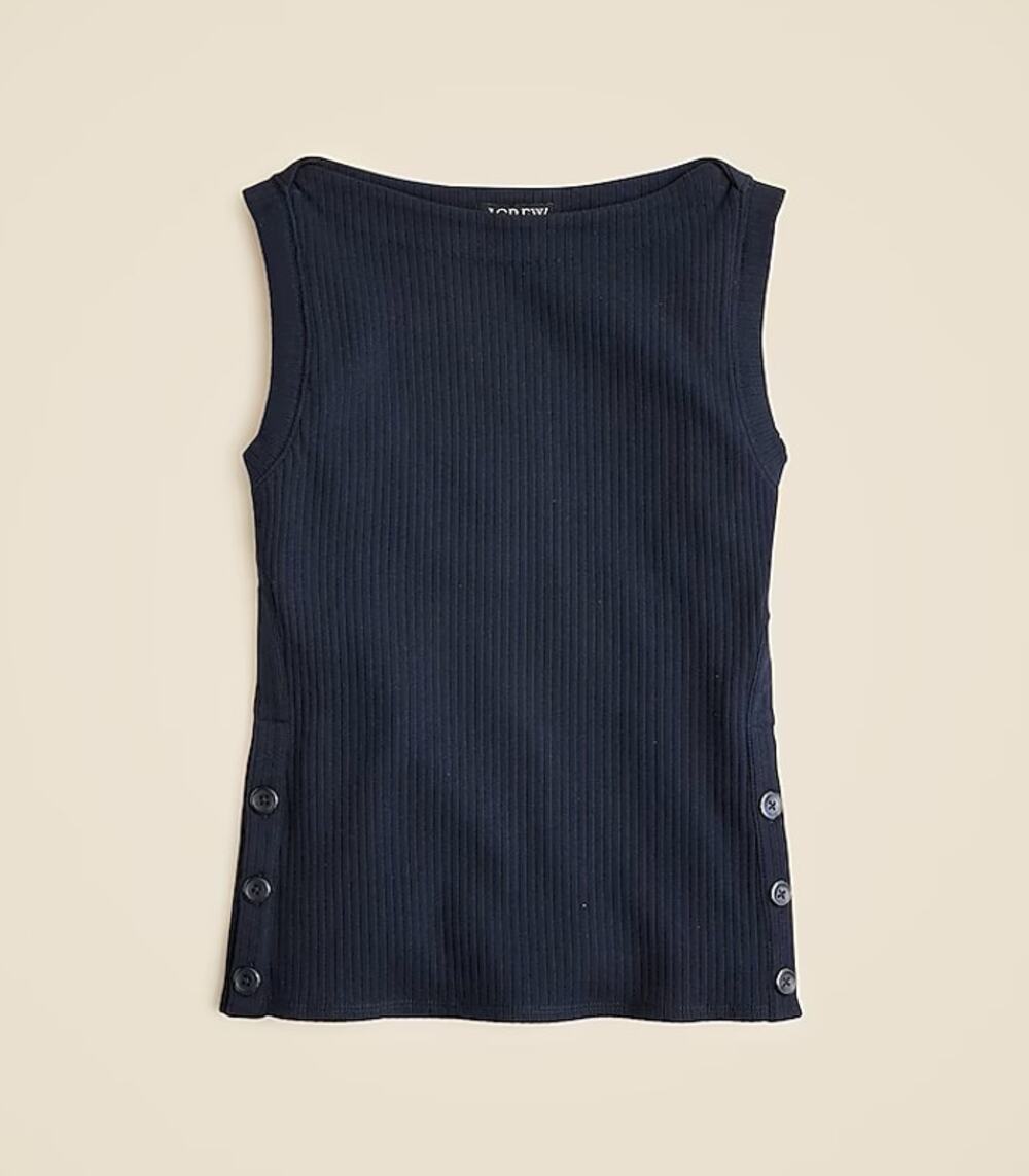 J.Crew Premium Rib Side Button Top WMNS M Navy Blue Boat Neck Sleeveless Stretch